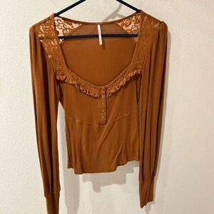Free People Brown Ruffled Long Sleeve Blouse